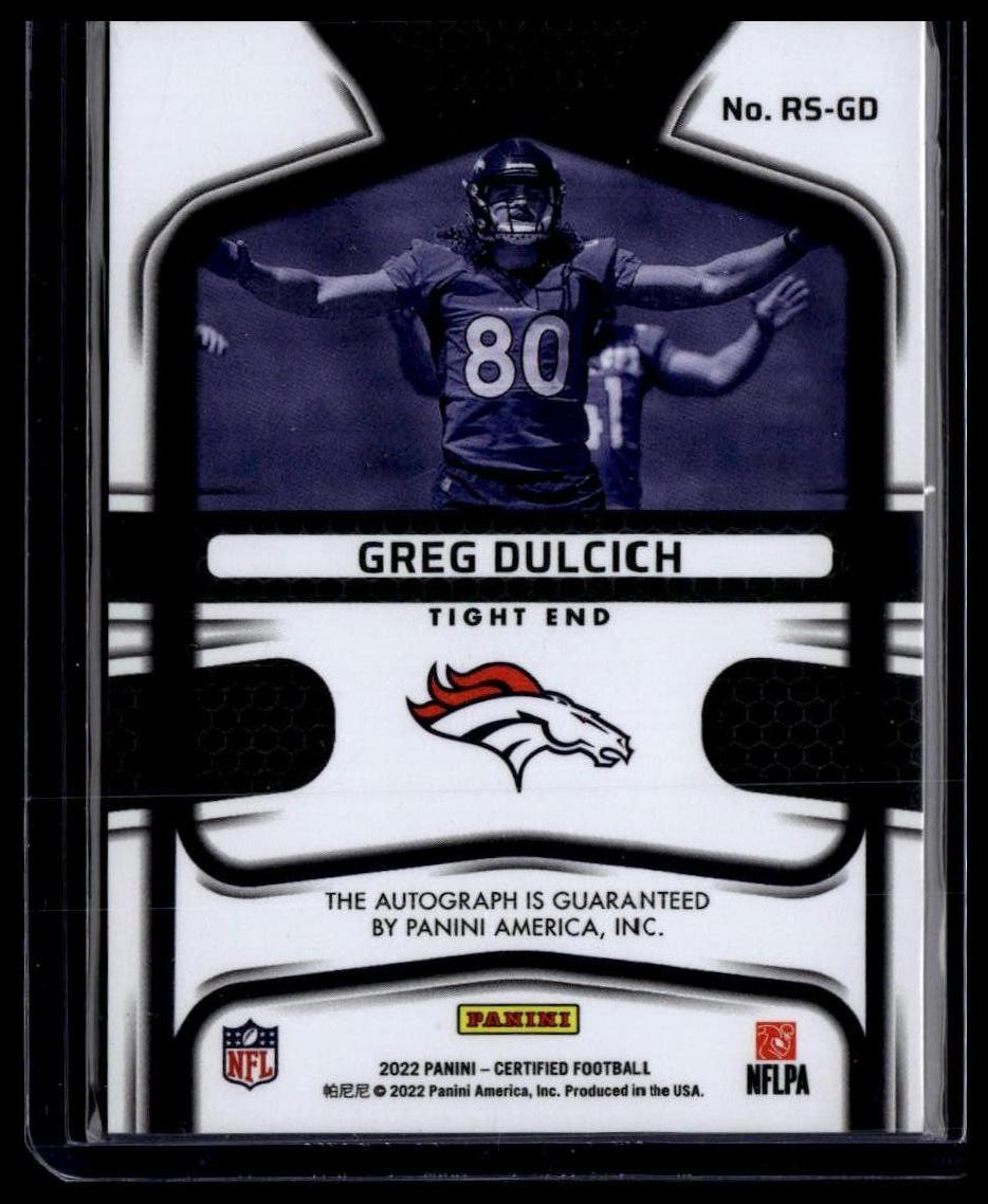 2022 Panini Certified #RS-GD Greg Dulcich Rookie Signatures Blue Etch #/20