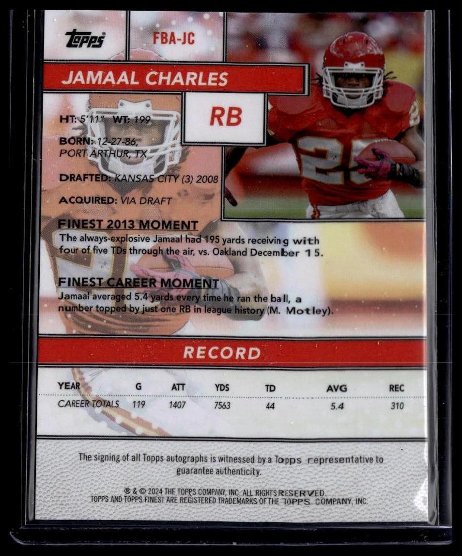 2024 Finest #FBA-JC Jamaal Charles Flashback Autographs Gold Refractor #/50