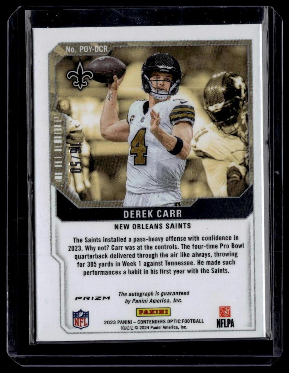 2023 Panini Contenders Optic Derek Carr POY Contenders Autographs #/50