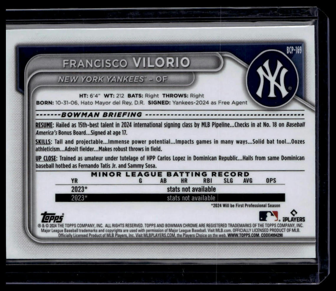2024 Bowman Chrome #BCP-169 Francisco Vilorio Pink Mojo Refractors /199