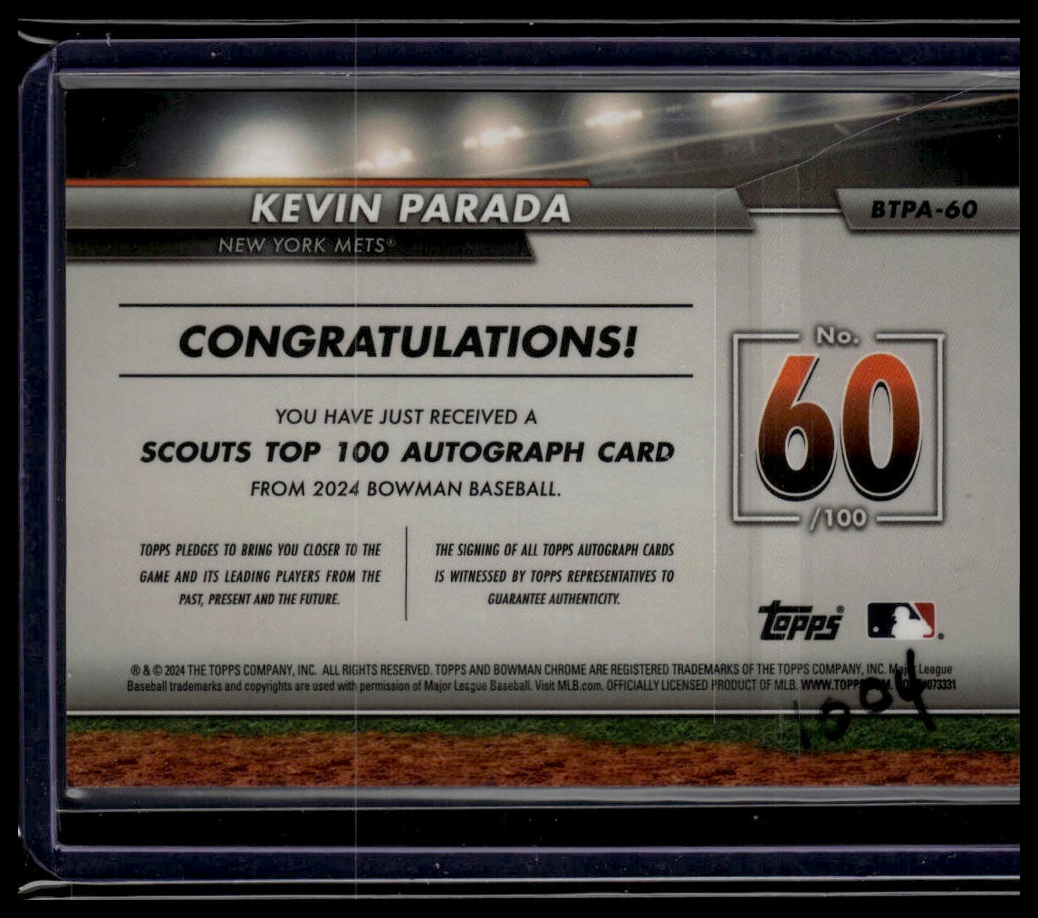2024 Bowman #BTP-60 Kevin Parada Bowman Scouts' Top 100 Green Refractors #/99