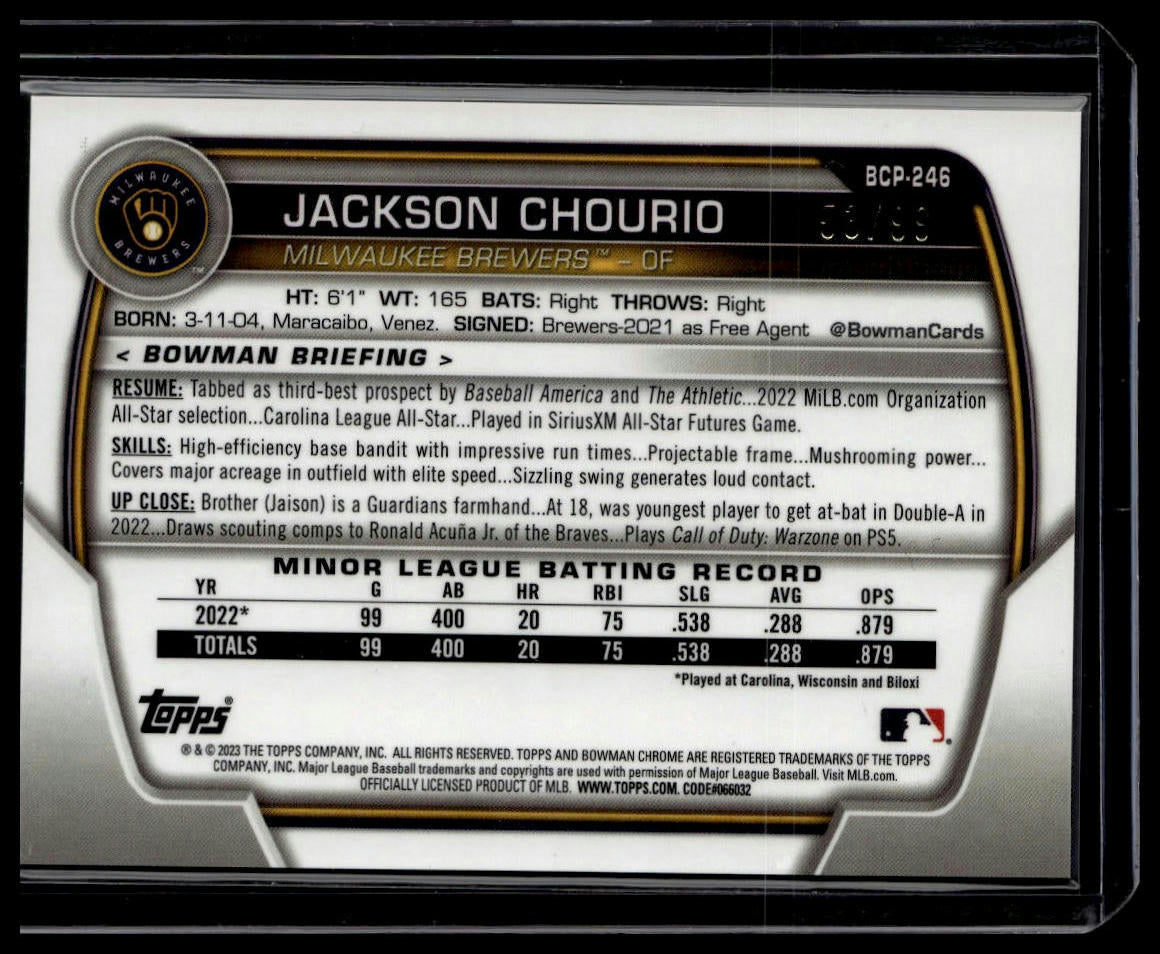 2023 Bowman Chrome #BCP-246 Jackson Chourio Prospects Green Mojo Refractor #/99