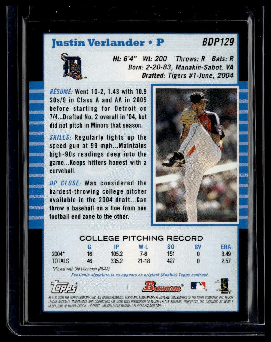 2005 Bowman Draft Picks & Prospects #BDP129 Justin Verlander