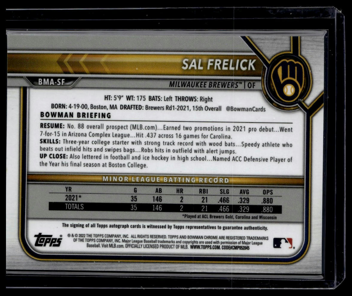 2022 Bowman #BMA-SF Sal Frelick Chrome Prospects Autographs Mojo Refractors