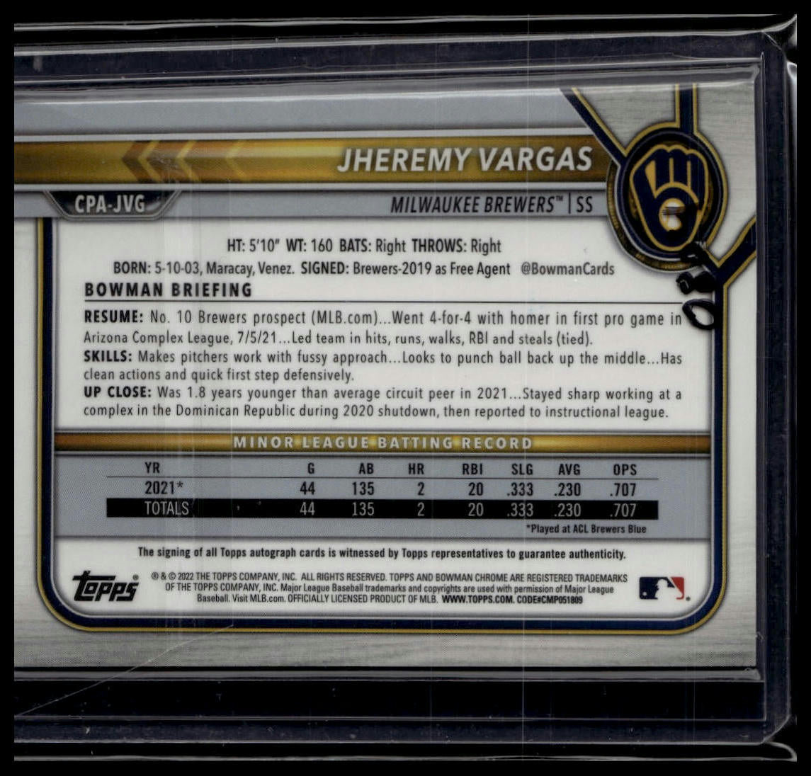 2022 Bowman Chrome #CPA-JVG Jheremy Vargas Auto Purple Refractor /250