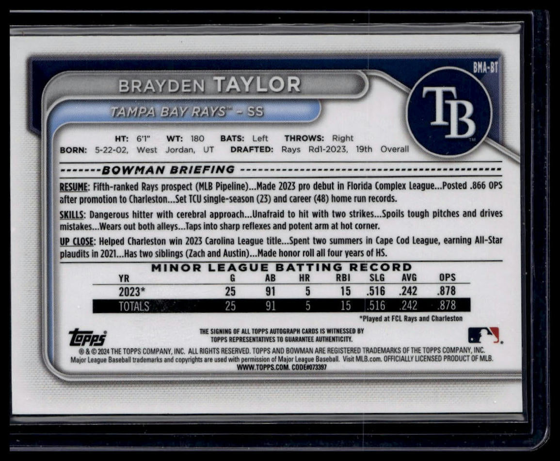 2024 Bowman #BMA-BT Brayden Taylor Chrome Prospects Autographs Mojo Refractors
