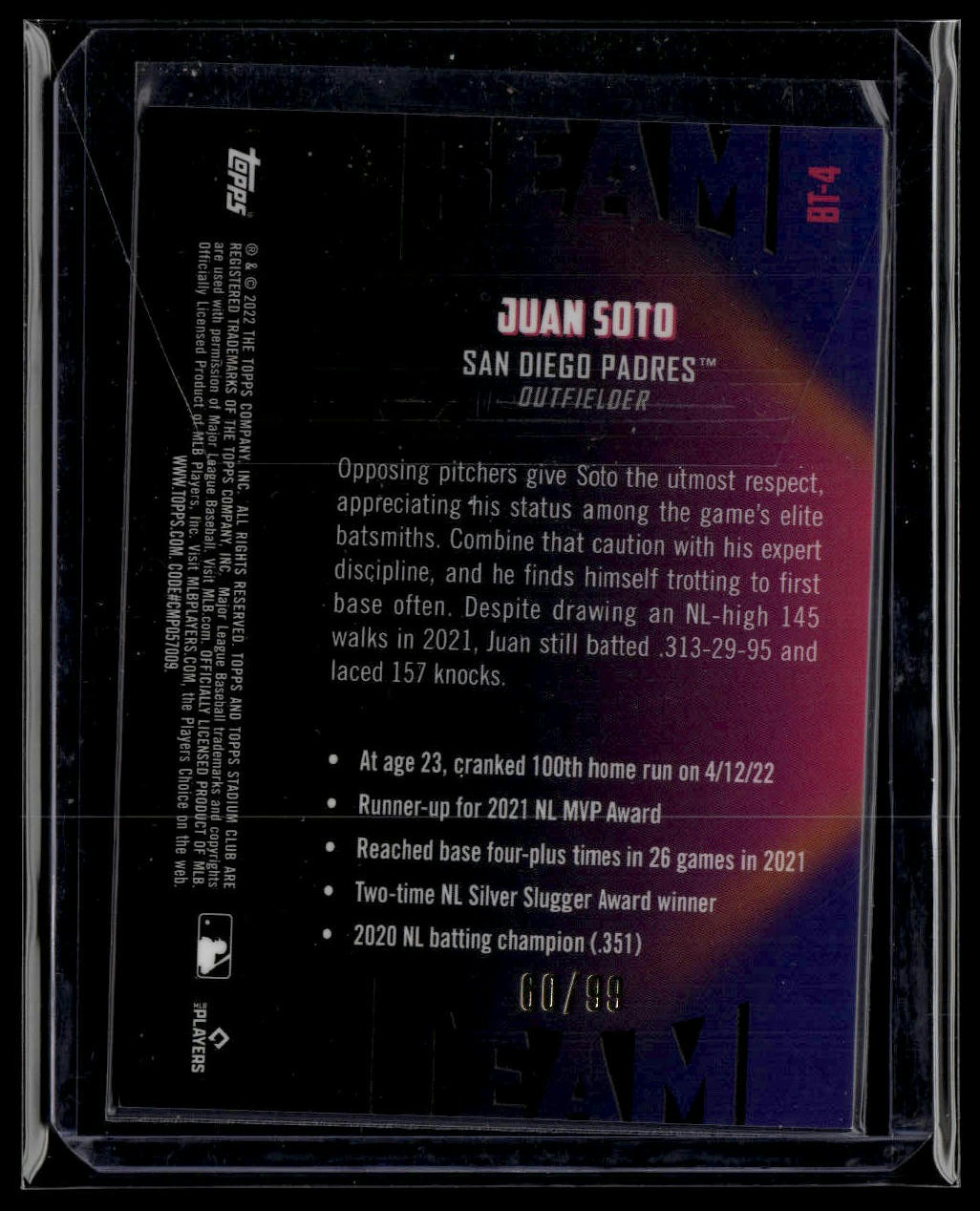 2022 Stadium Club Chrome #BT-4 Juan Soto Beam Team Green Refractor #/99