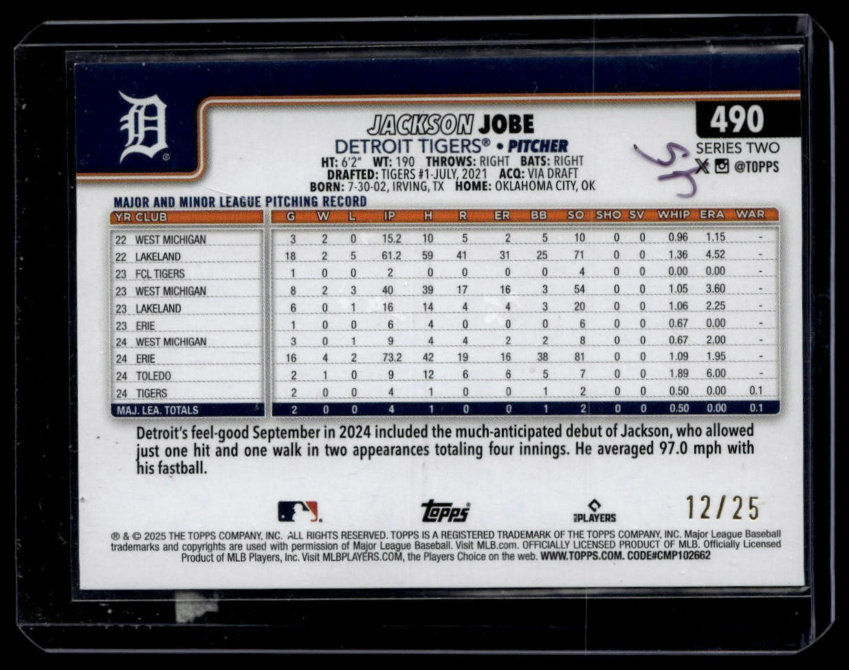 2025 Topps #490 Jackson Jobe Memorial Day Camo #/25
