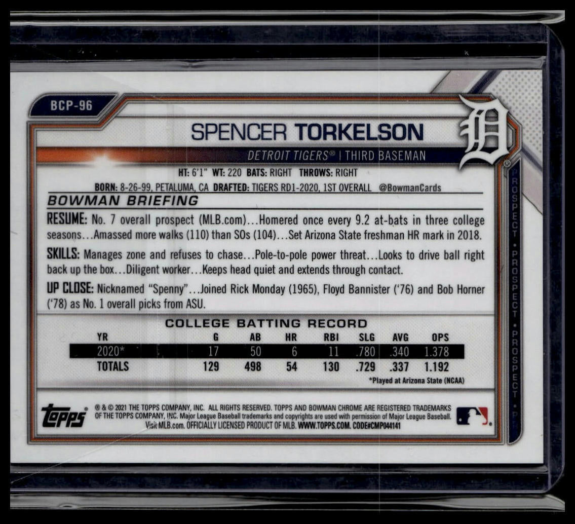 2021 Bowman #BCP-96 Spencer Torkelson Chrome Prospects Speckle Refractor #/299