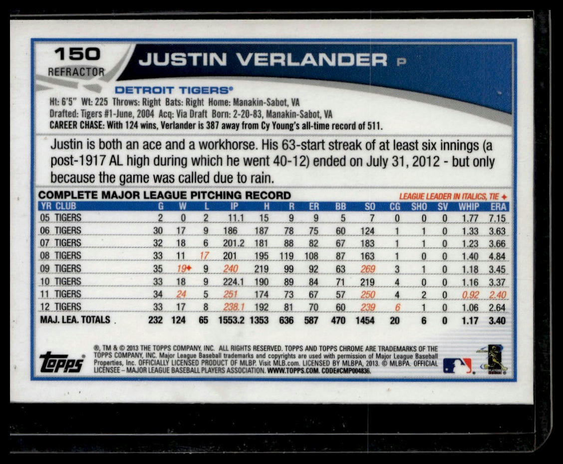 2013 Topps Chrome #150 Justin Verlander X-Fractors