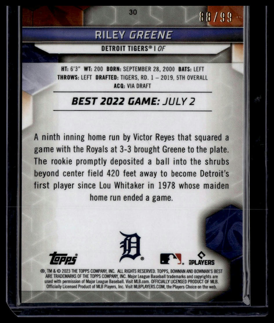 2023 Bowman's Best #30 Riley Greene Green Mini-Diamond Refractors #/99