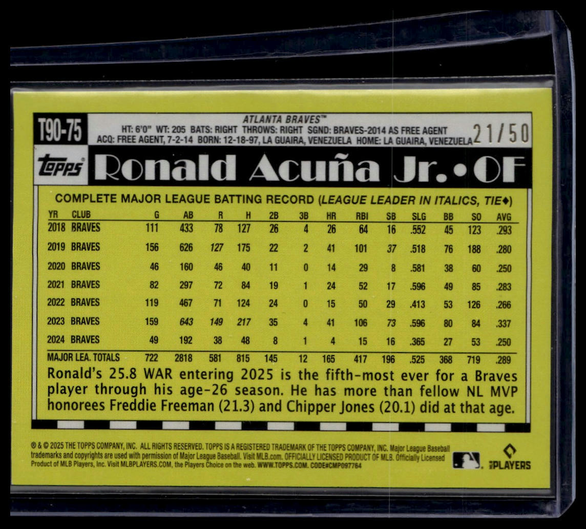 2025 Topps #T90-75 Ronald Acuña Jr. 1990 Topps Baseball 35th Anniversary