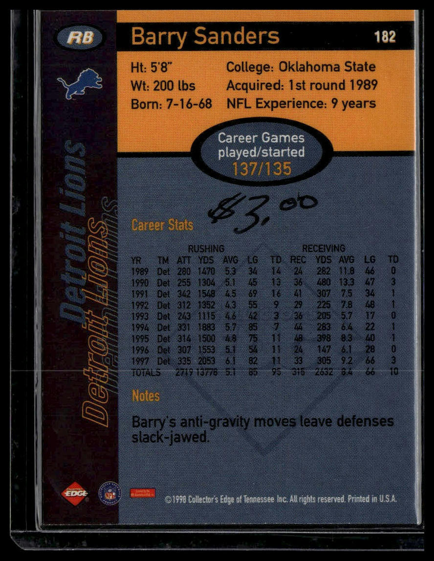 1998 Collector's Edge First Place #182 Barry Sanders 50-Point