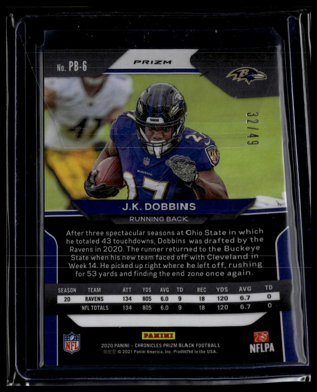 2020 Panini Chronicles #PB-6 J.K. Dobbins Prizm Black Green #/49