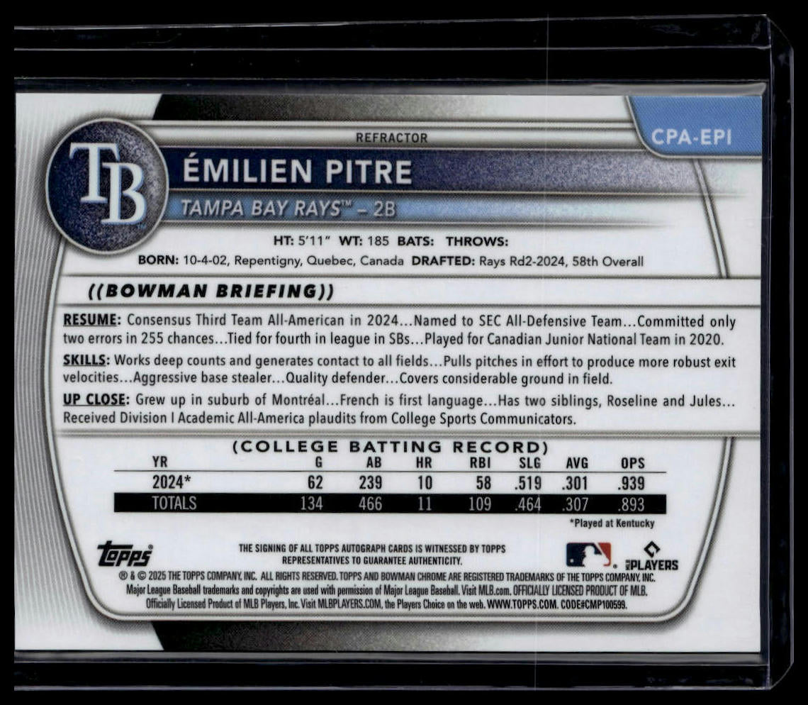 2025 Bowman #CPA-EPI Émilien Pitre Chrome Prospects Autographs Refractor #/499