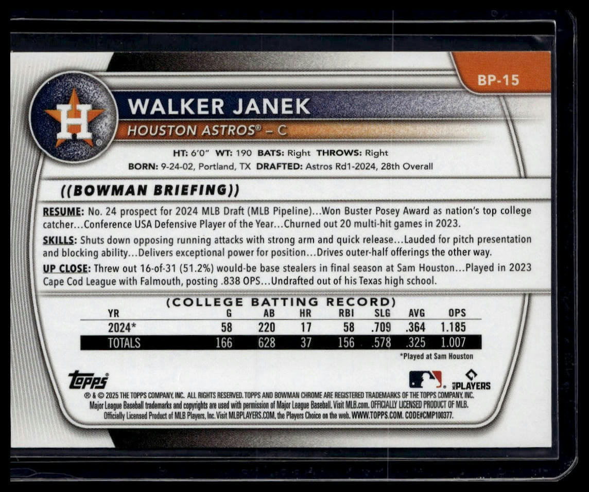 2025 Bowman #BP-15 Walker Janek Prospects Pink #/175