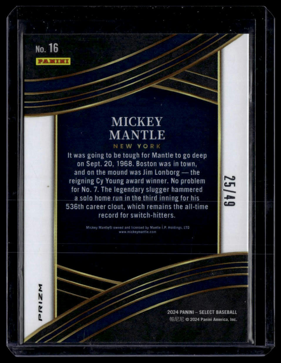 2024 Panini Select #16 Mickey Mantle Select Numbers Blue Prizms #/49