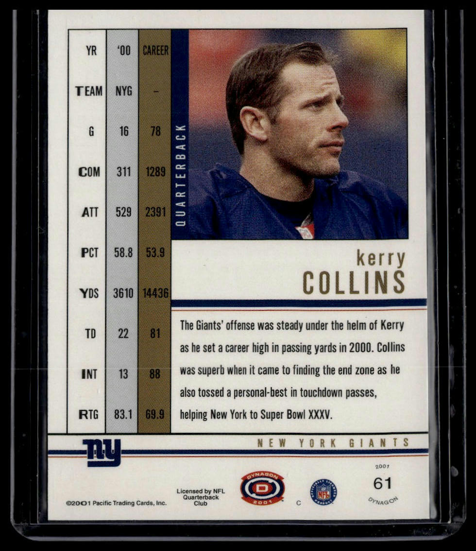 2001 Pacific Dynagon #61 Kerry Collins Premiere Date #/135