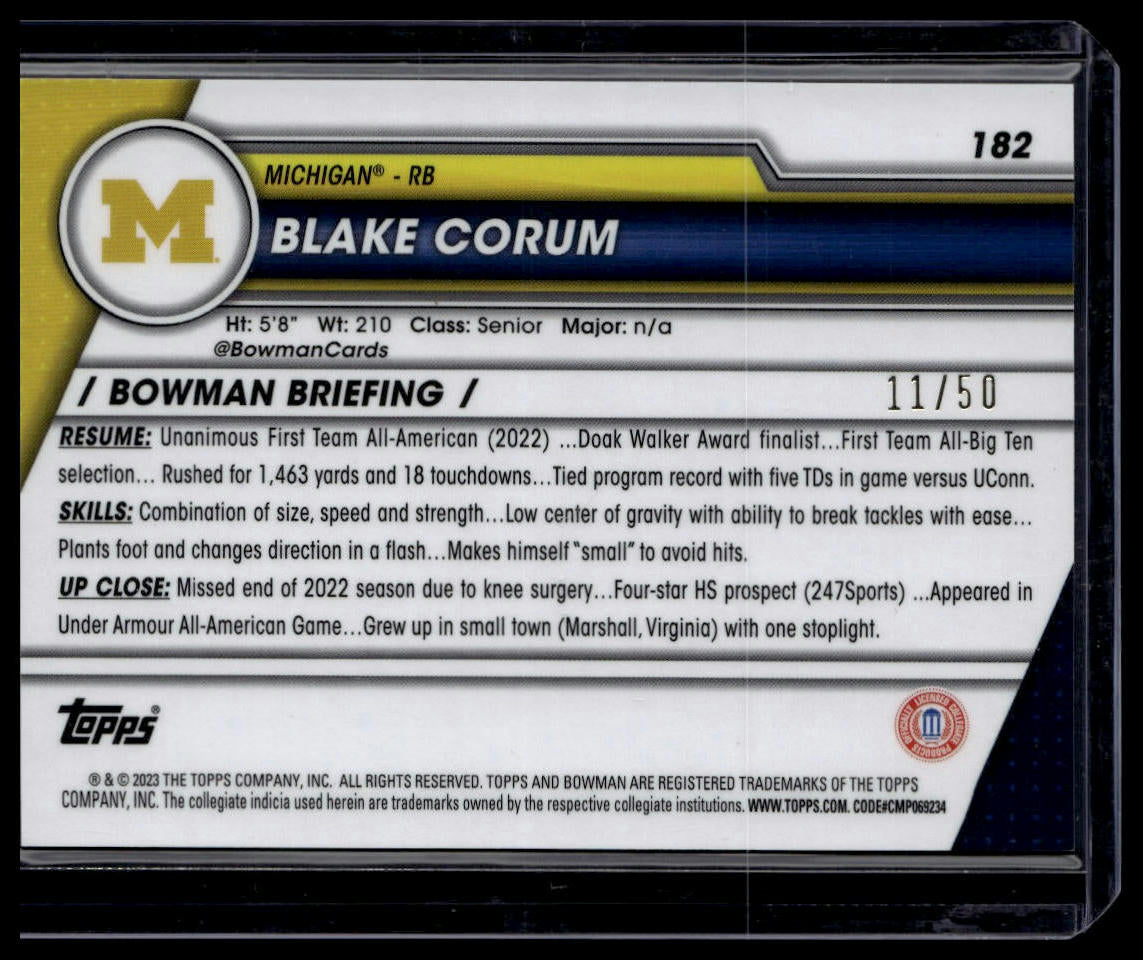 2023 Bowman U Chrome Sapphire Edition #182 Blake Corum Gold Sapphire /50