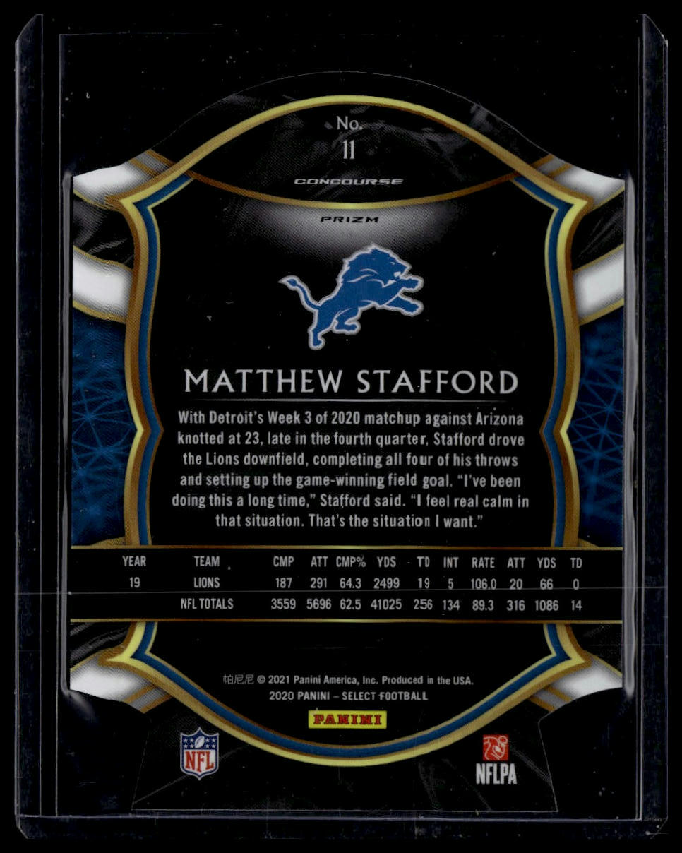 2020 Panini Select #11 Matthew Stafford Blue Prizm Die Cut