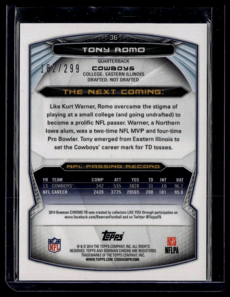 2014 Bowman Chrome #36 Tony Romo Black Refractor #/299