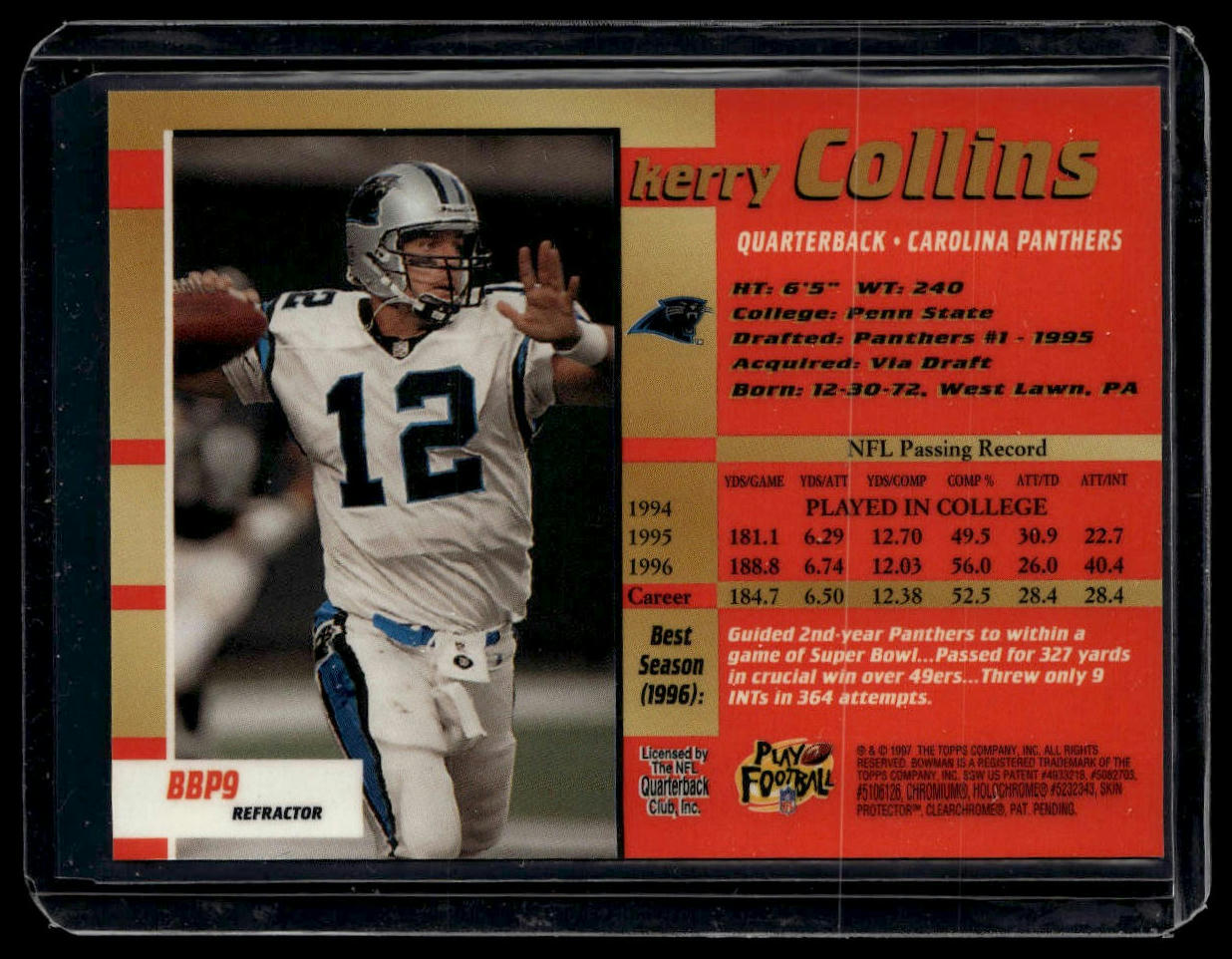 1997 Stadium Club #BBP9 Kerry Collins Bowman's Best Previews Refractors