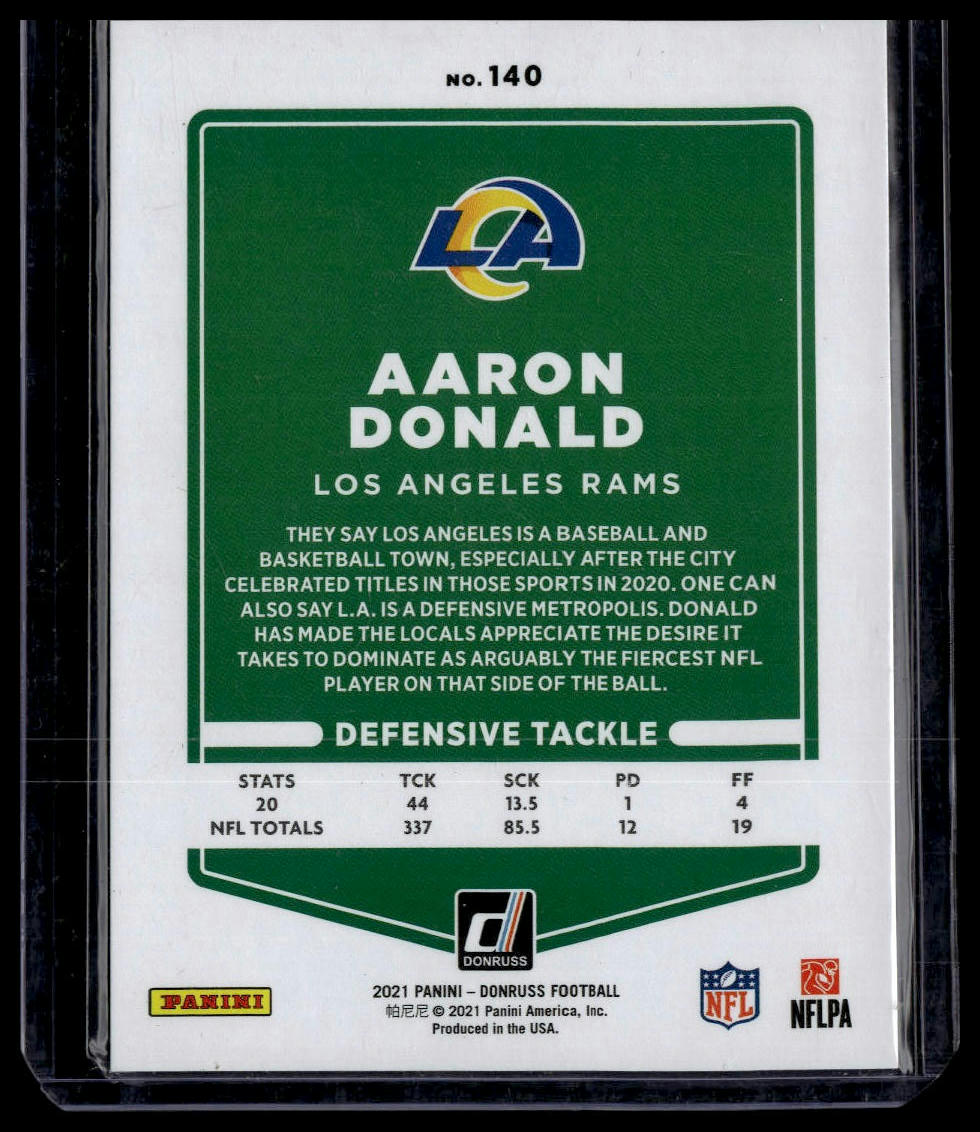 2021 Donruss #140 Aaron Donald Press Proof Silver No Helmet #/100