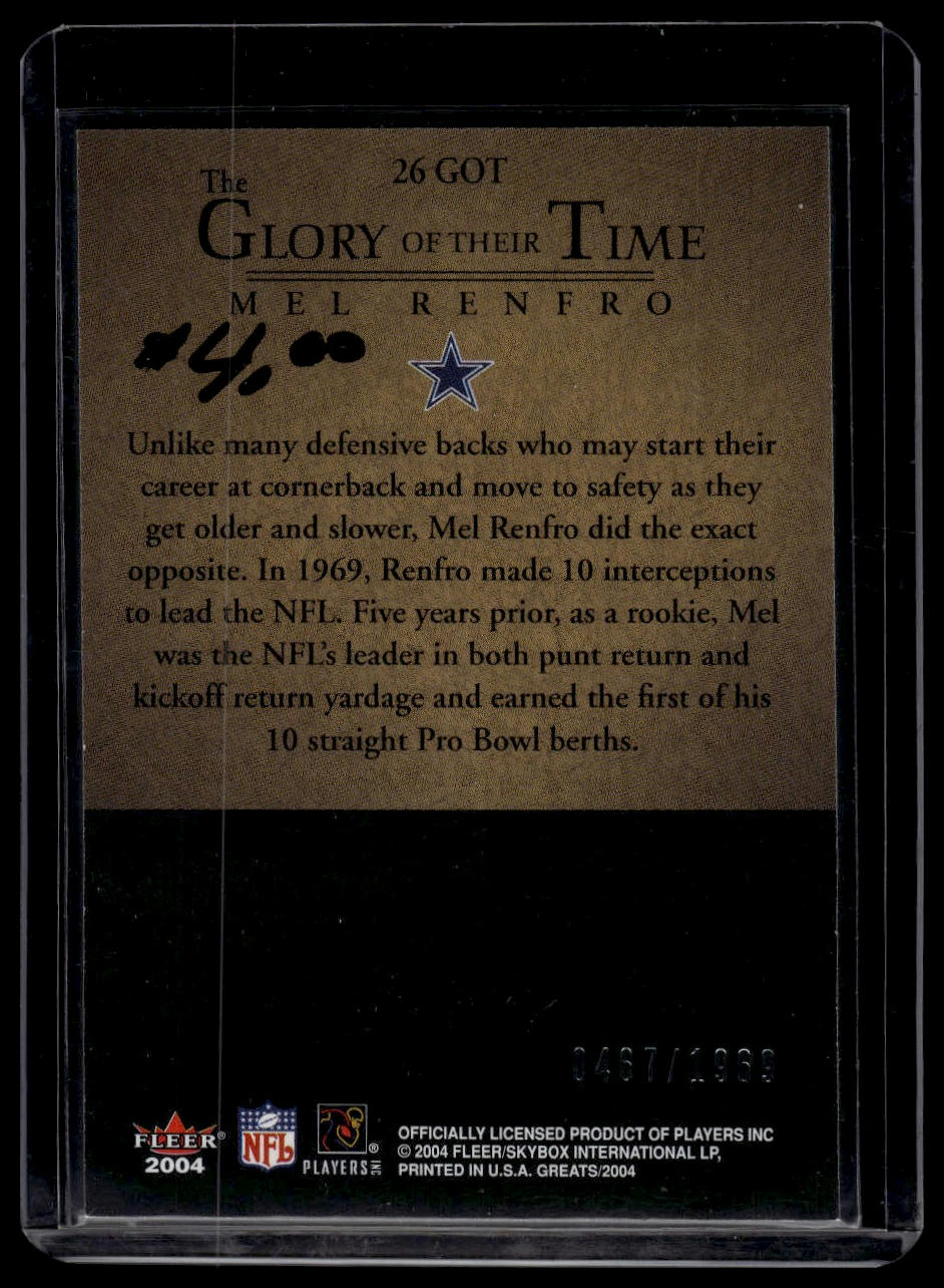 2004 Fleer Greats of the Game #26 GOT Mel Renfro Glory of Their Time #/1969