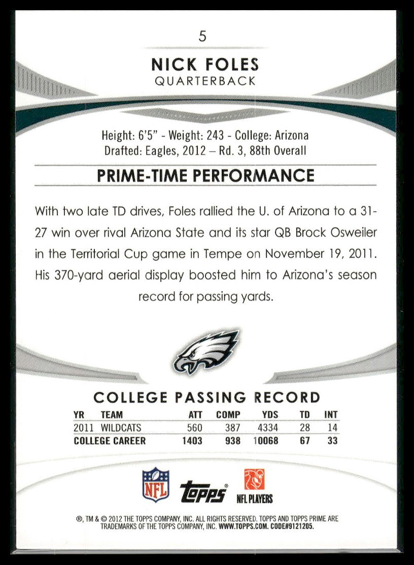 2012 Topps Prime (Retail) #5 Nick Foles
