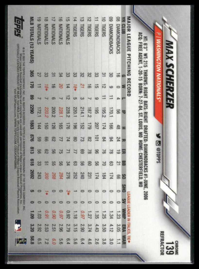 2020 Topps Chrome #139 Max Scherzer X-Fractor Refractor