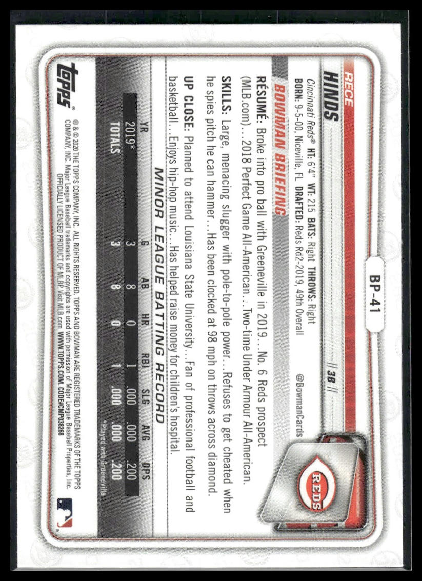 2020 Bowman #BP-41 Rece Hinds Prospects Camo