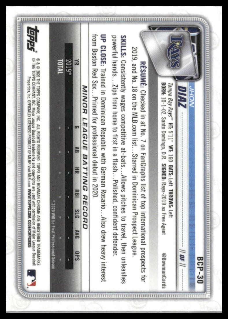 2020 Bowman #BCP-30 Jhon Diaz Chrome Prospects Mojo Refractor