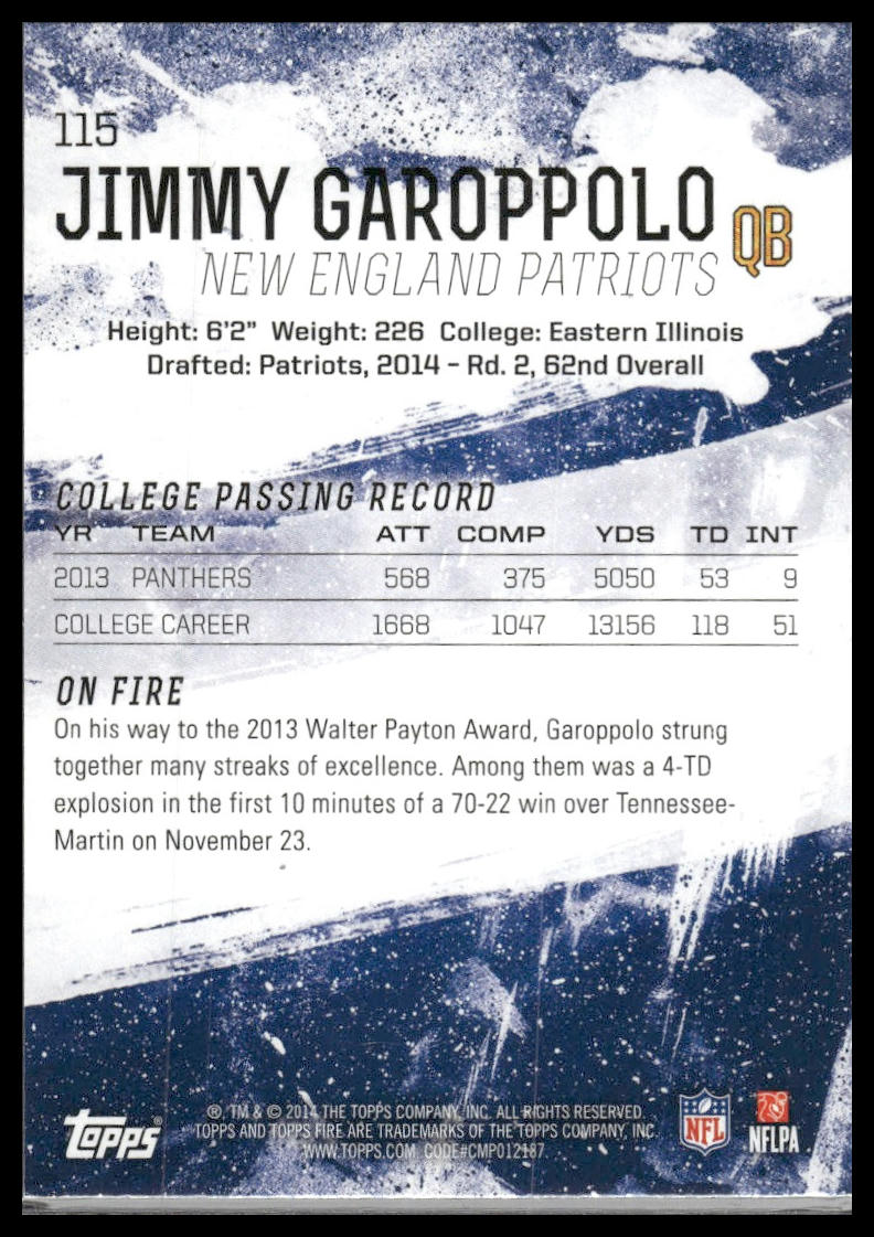 2014 Topps Fire #115 Jimmy Garoppolo Flame Foil