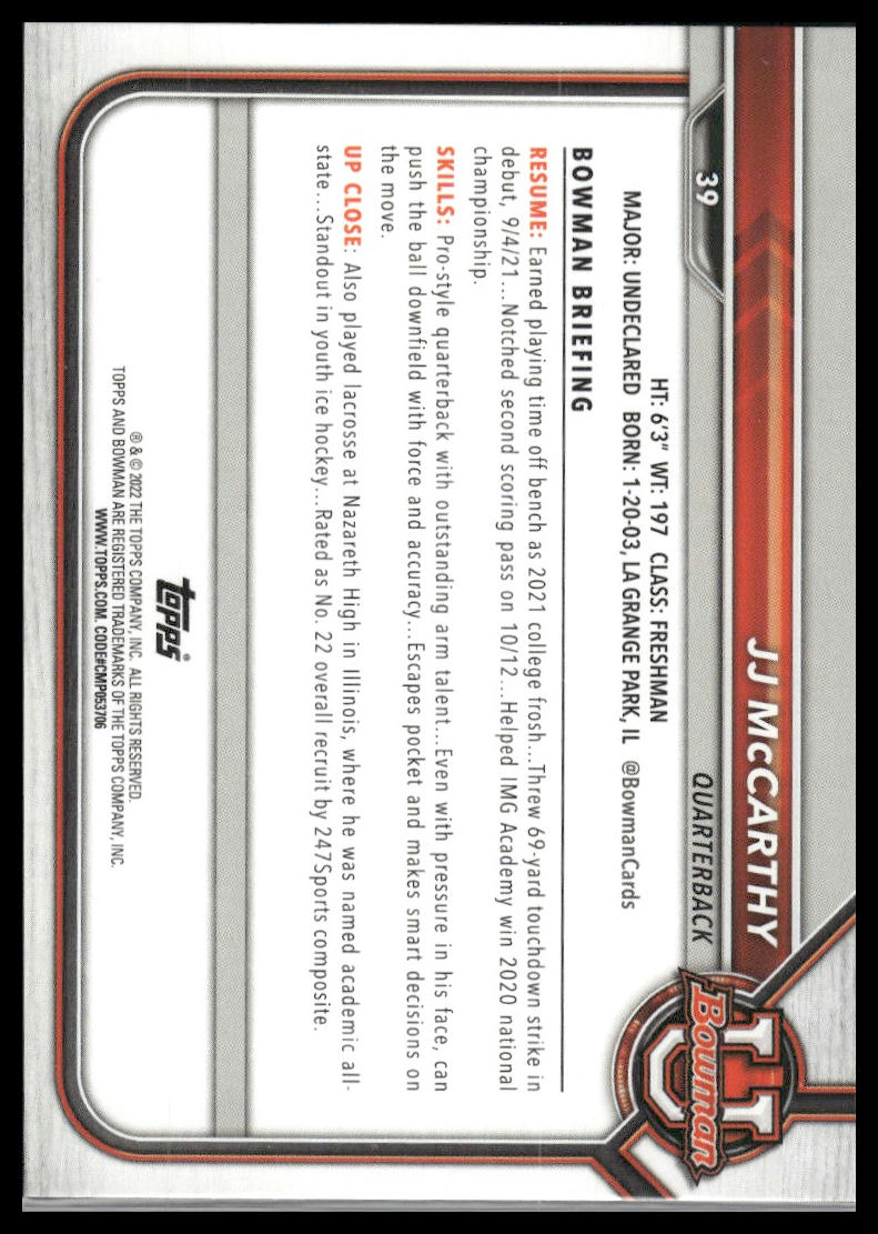 2021-22 Bowman University #39 JJ McCarthy