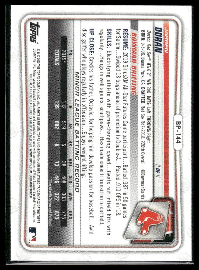 2020 Bowman #BP-144 Jarren Duran Prospects