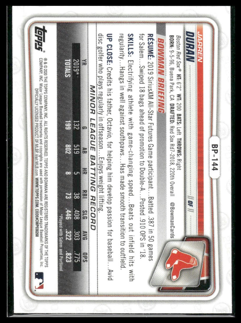 2020 Bowman #BP-144 Jarren Duran Prospects