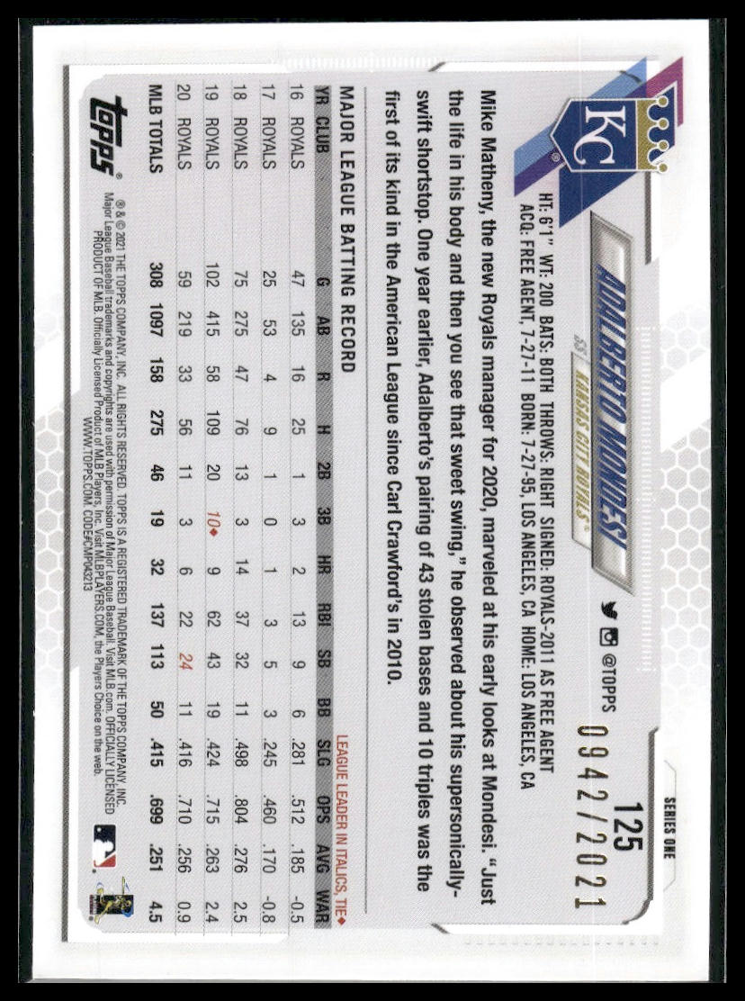 2021 Topps #125 Adalberto Mondesi Gold #/2021
