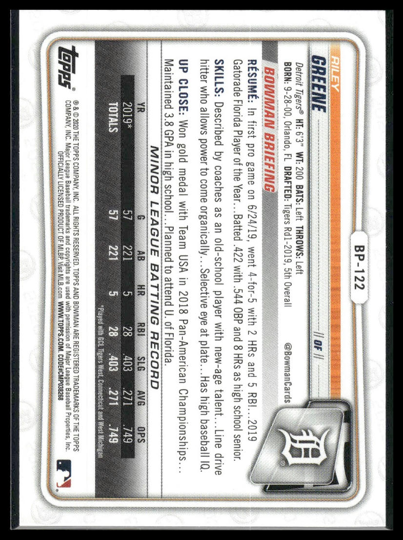 2020 Bowman #BP-122 Riley Greene Prospects Camo