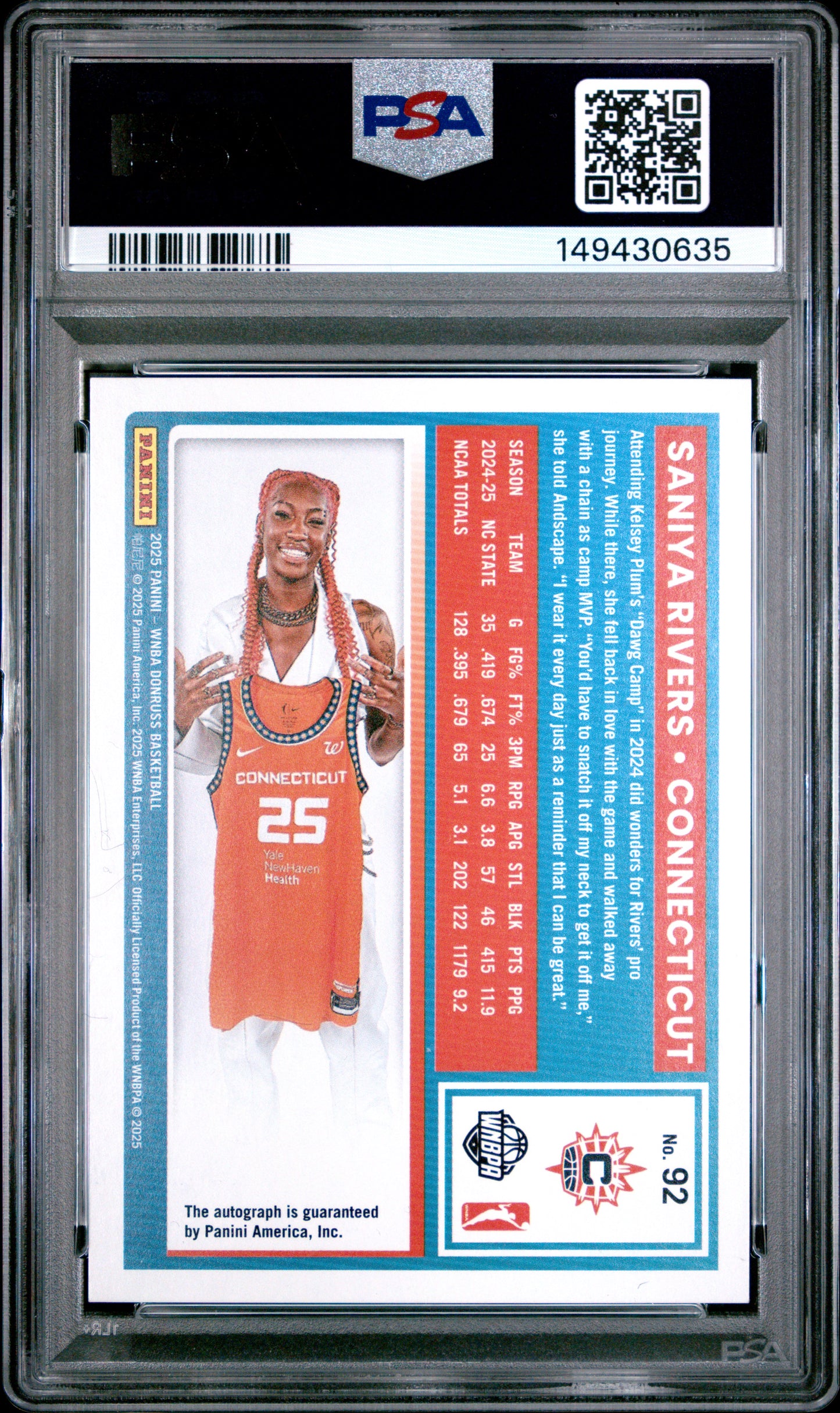 2025 Panini Donruss Wnba #92 Saniya Rivers Signature-Holo Frame PSA 10