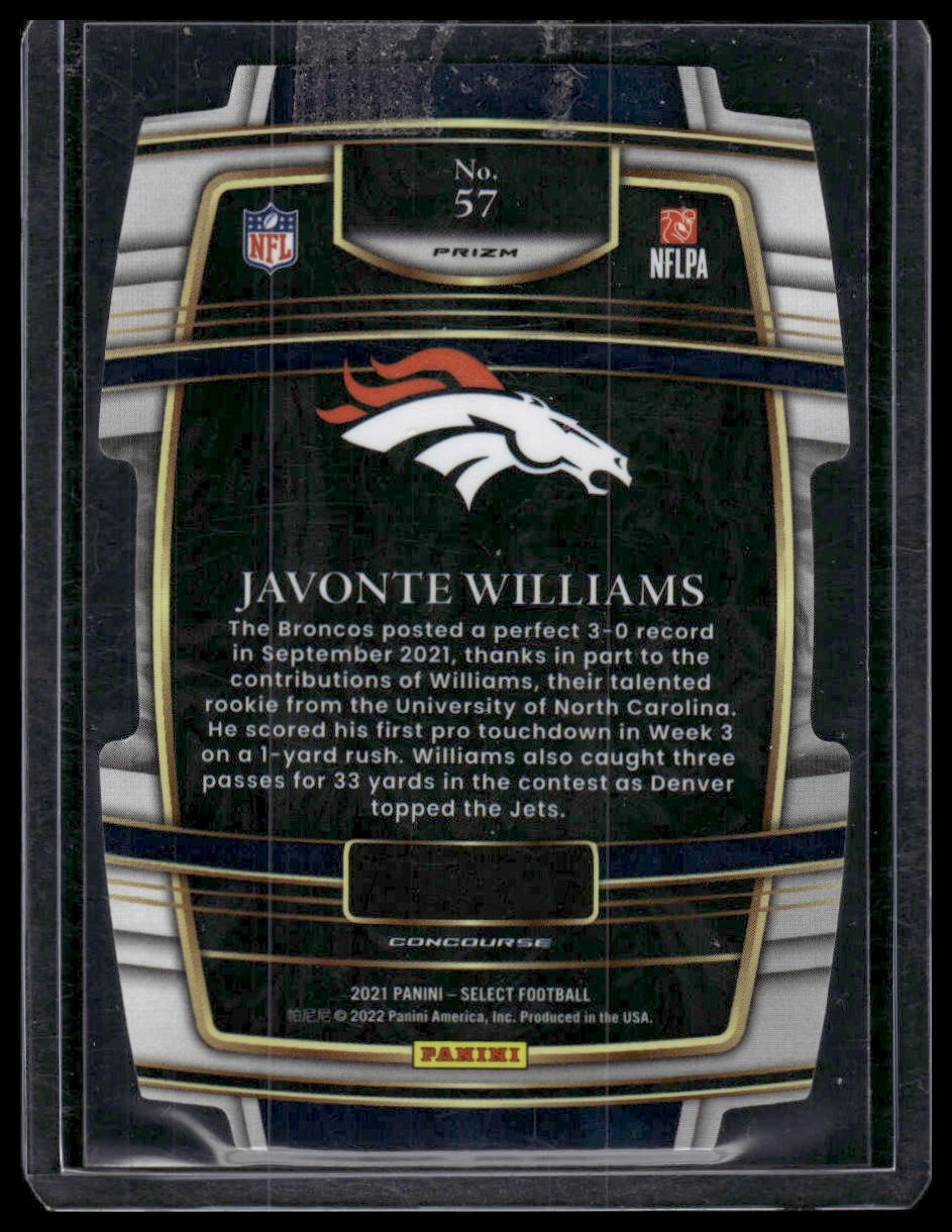 2021 Panini Select #57 Javonte Williams Red and Yellow Prizm Die Cut