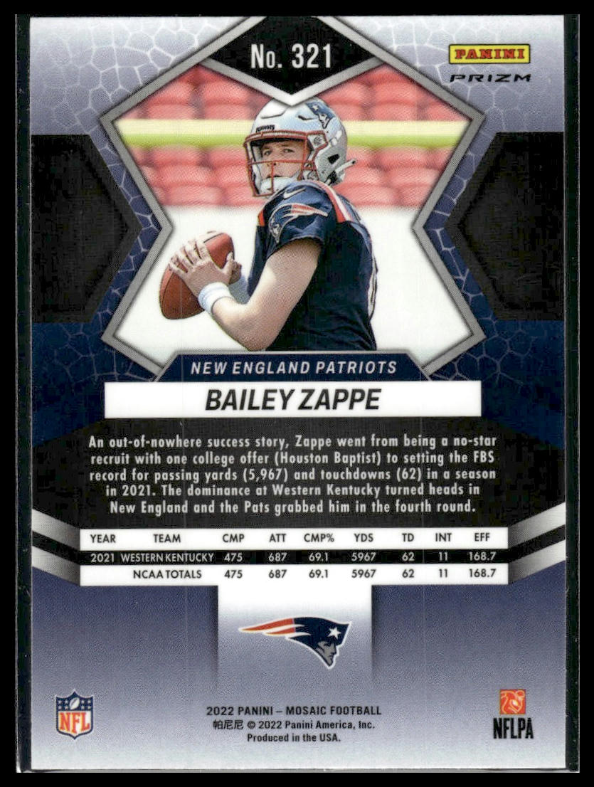 2022 Panini Mosaic #321 Bailey Zappe Mosaic Reactive Orange