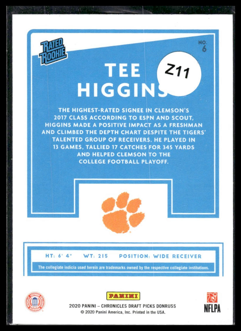 2020 Chronicles Draft Picks #6 Tee Higgins Donruss Rated Rookies Draft Picks