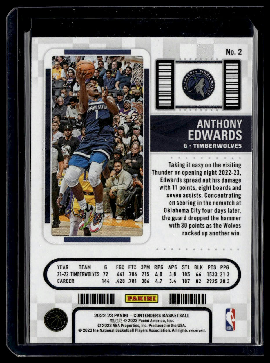 2022-23 Panini Contenders #2 Anthony Edwards Season Ticket Premium Edition