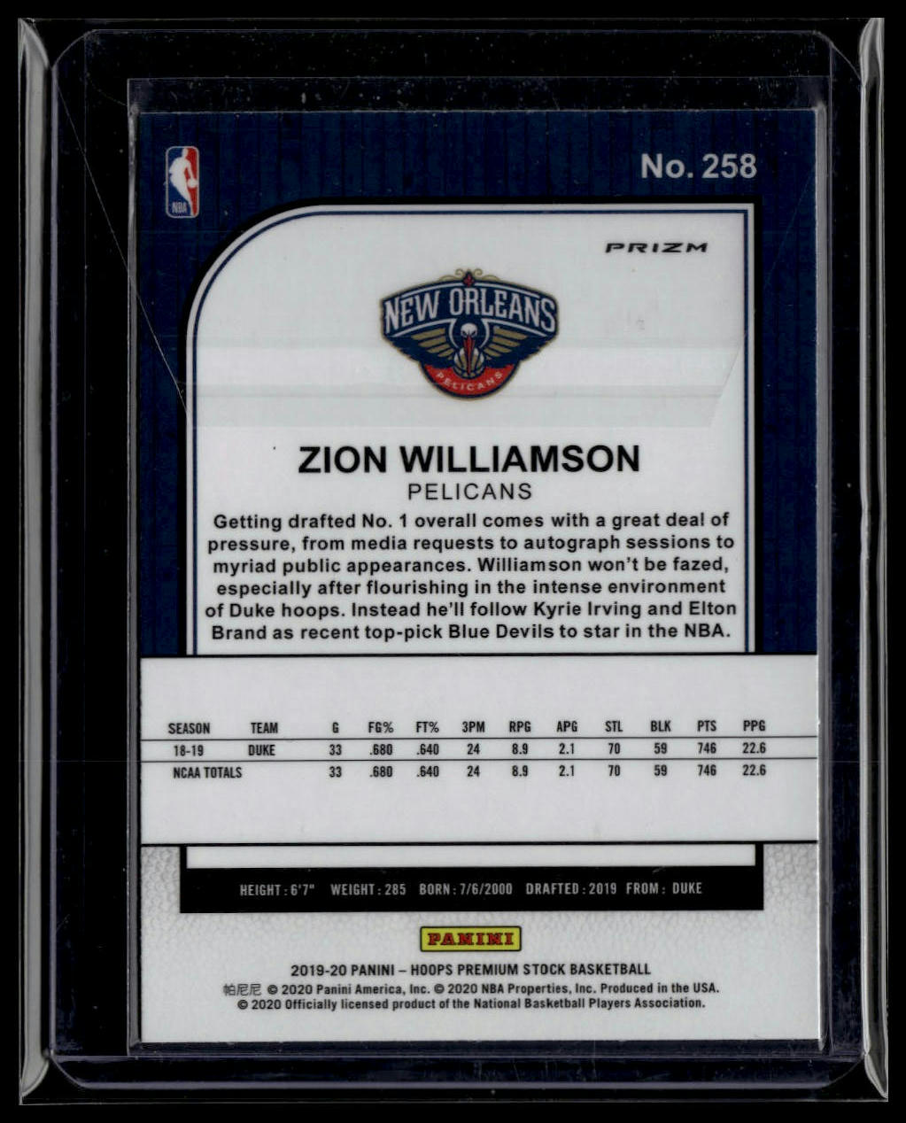 2019-20 Hoops Premium Stock #258 Zion Williamson Prizms Silver Mojo