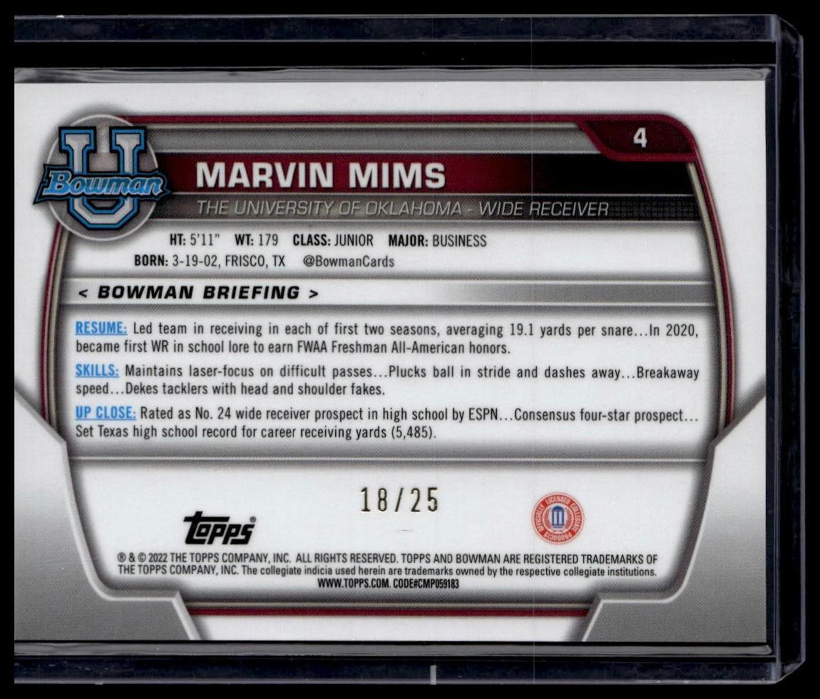 2022 Bowman University Chrome #4 Marvin Mims Orange Shimmer Refractor #/25