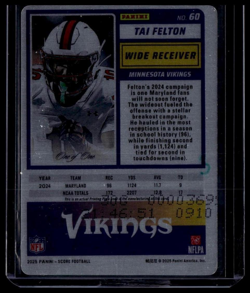 2025 Score #60 Tai Felton Printing Plates Black #/1