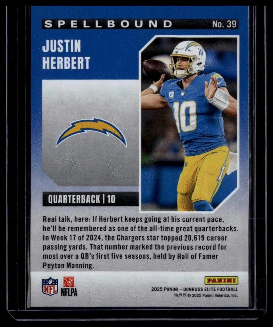 2025 Donruss Elite #39 Justin Herbert Spellbound Blue #/75
