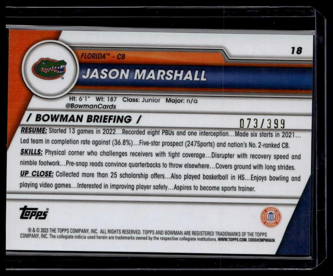 2023 Bowman University Chrome #18 Jason Marshall Purple Refractor #/399