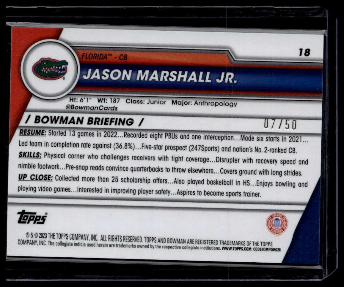2023 Bowman University Chrome #18 Jason Marshall Gold Refractor #/50