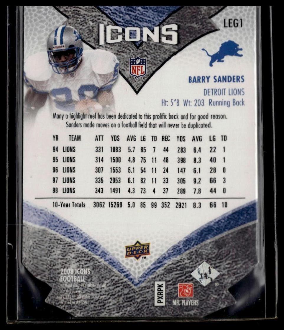 2008 Upper Deck Icons #LEG1 Barry Sanders NFL Legends Silver Die Cut #/150